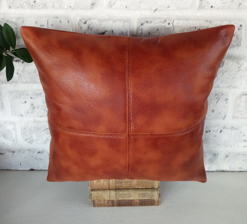 Rustic new terracotta brown color piecewise square soft faux leather fabric lumbar pillow cover with decorative stitches-1QTY image 7