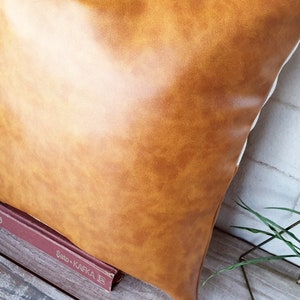 Puede incluir: Una almohada de piel sint&eacute;tica marr&oacute;n con respaldo blanco. La almohada est&aacute; sobre una superficie de madera con un libro titulado "Sato - Kafka" visible.