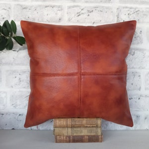 Rustic new terracotta brown color piecewise square soft faux leather fabric lumbar pillow cover with decorative stitches-1QTY image 5