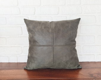 Montana olive green-4 colors optional piecewise square soft faux leather fabric pillow cover with decorative stitches/Housewarming gift