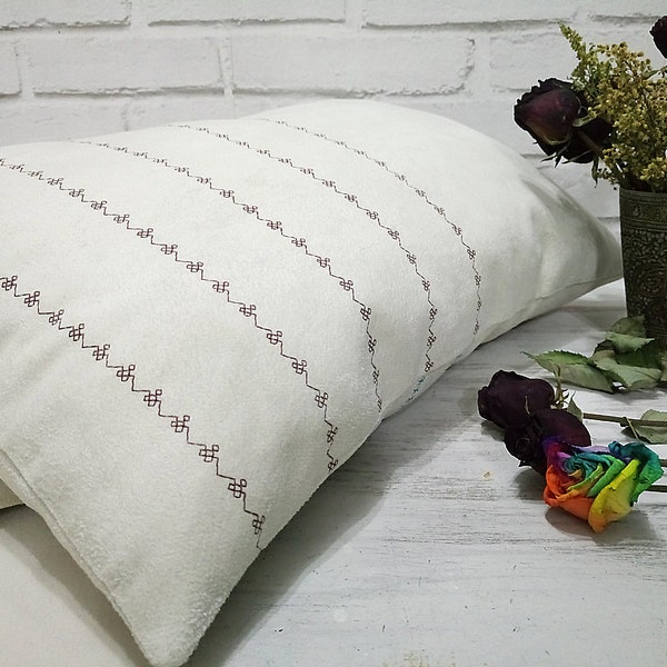 Fast shipping/ivory-cream faux suede fabric pillow cover with brown ethnic embroidery strips/modern scandinavian homes/housewarming gift-1pc