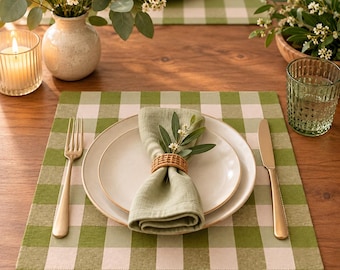 May include: A square green and white checkered placemat featuring a white ceramic plate, a sage green linen napkin held by a woven rattan napkin ring, a gold-toned fork, and a gold-toned knife. A small sprig of greenery is tucked into the ring.