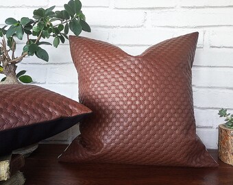Embroidered Brown Faux Leather Pillow Cover: Scandinavian Decor (16x16 inch)