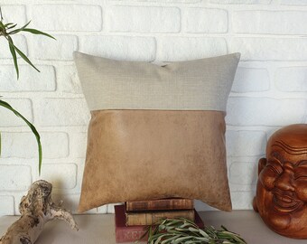 Fast Shipping/Old Saddle Tan and linen look fabric pillow cover/faux leather fabric pillow cover/Housewarming Gift/Modern Houses-1pcs