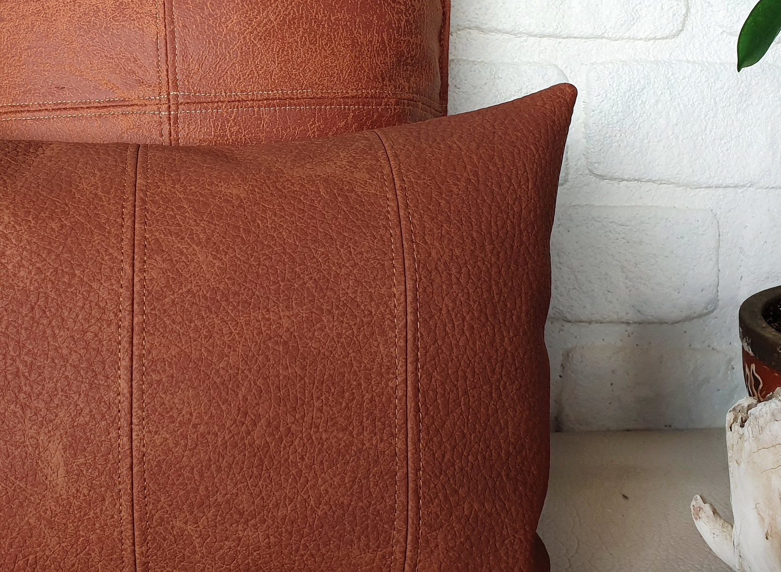 Terracotta Brown Faux Leather Fabric Lumbar Pillow Cover With Etsy