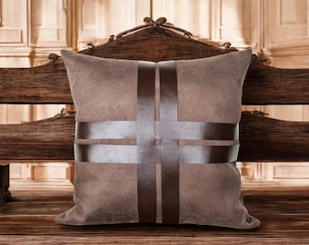 Nubuck Pillow Cover with Faux Leather Straps: Modern Scandinavian Home Decor