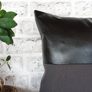 Black charcoal faux leather and anthracite poly-linen fabric pillow cover/faux leather pillow cover/Colorful Homes/Modern Houses-1pcs image 2