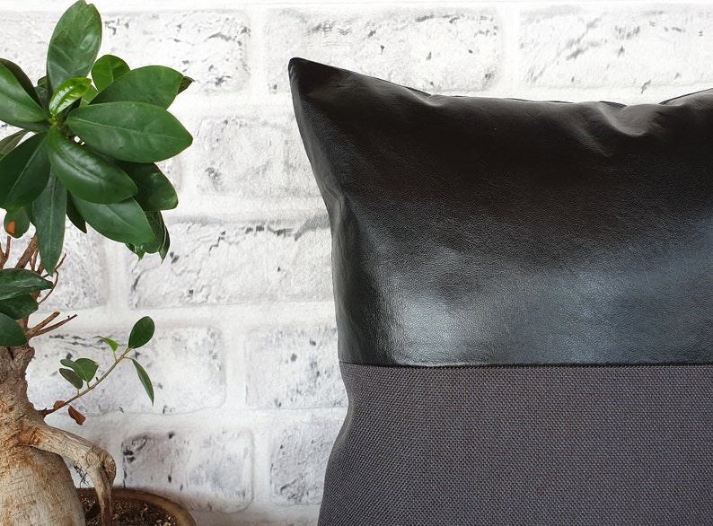 Black charcoal faux leather and anthracite poly-linen fabric pillow cover/faux leather pillow cover/Colorful Homes/Modern Houses-1pcs image 2