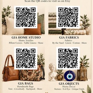 May include: A promotional flyer titled EXPLORE OUR SHOPS with four QR codes. Sections include GIA HOME STUDIO with pillows, GIA FABRICS with stacked textiles, GIA BAGS with handbags, and GIA OBJECTS with a bust, evil eye charm, and lantern.