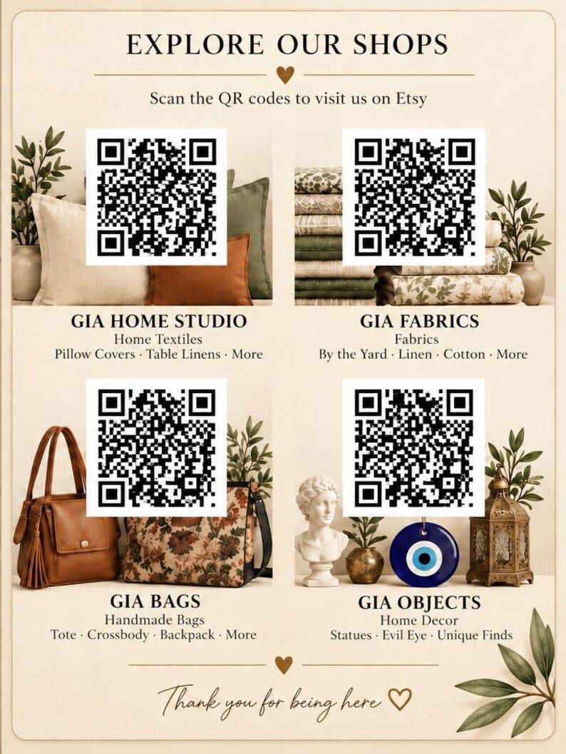 May include: A promotional flyer titled EXPLORE OUR SHOPS with four QR codes. Sections include GIA HOME STUDIO with pillows, GIA FABRICS with stacked textiles, GIA BAGS with handbags, and GIA OBJECTS with a bust, evil eye charm, and lantern.