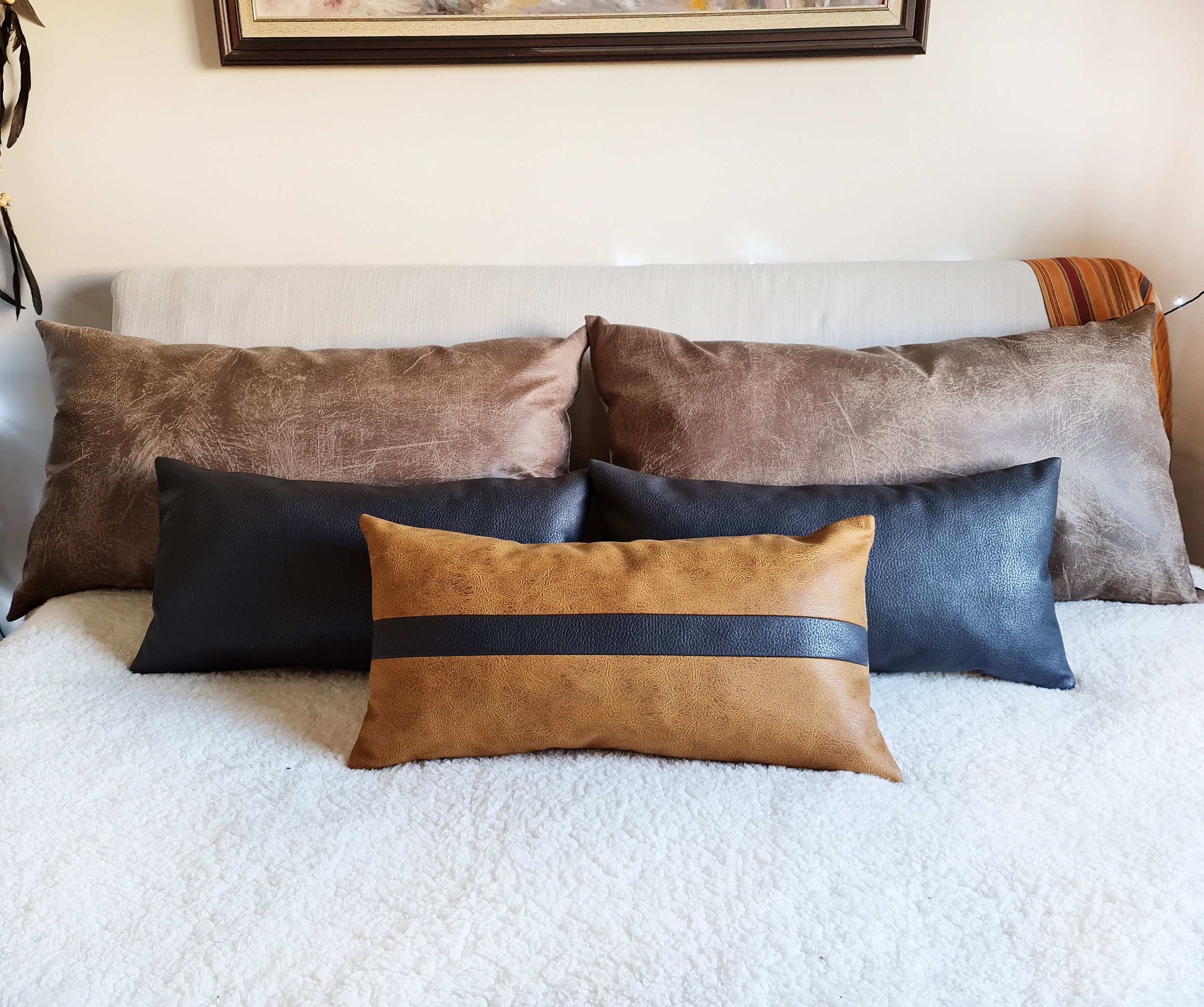 Zen Camel and Black Strip Color Block Design Lumbar Pillow Etsy