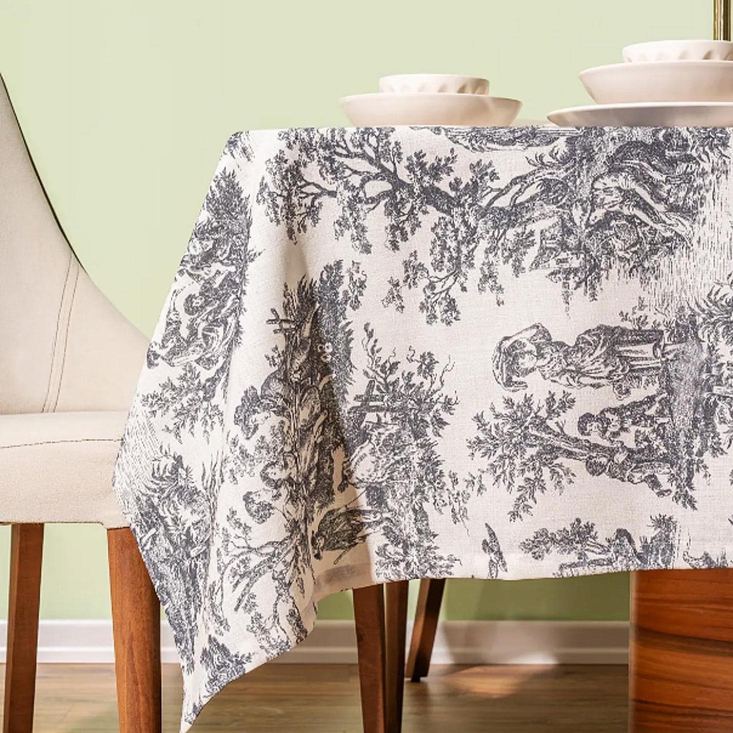 French Country Toile De Jouy Tablecloth, Rustic Farmhouse Dining