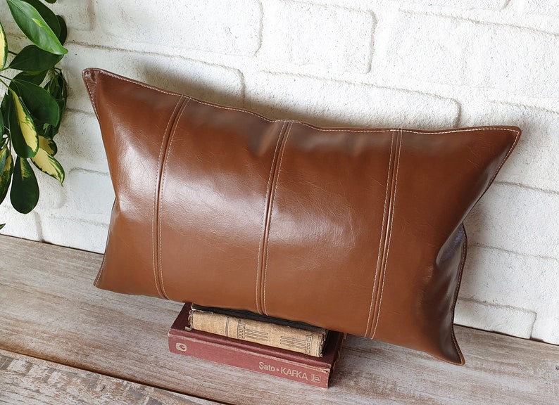 Chestnut Brown Faux Leather Lumbar Pillow Cover With Etsy