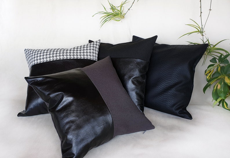 Black charcoal faux leather and anthracite poly-linen fabric pillow cover/faux leather pillow cover/Colorful Homes/Modern Houses-1pcs image 5