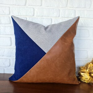 20x20&#39;&#39;(50x50cm)Santana cognac-navy blue-light gray color triangle design faux leather pillow cover home decor  - 1pcs