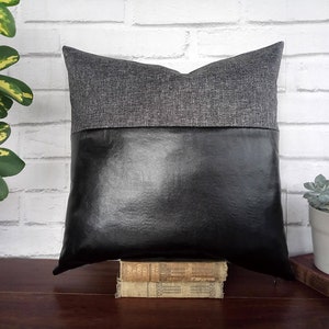 Black faux leather and gray-black color fabric pillow cover/faux leather pillow cover/Housewarming Gift/Colorful Homes/Modern Houses-1pcs image 1