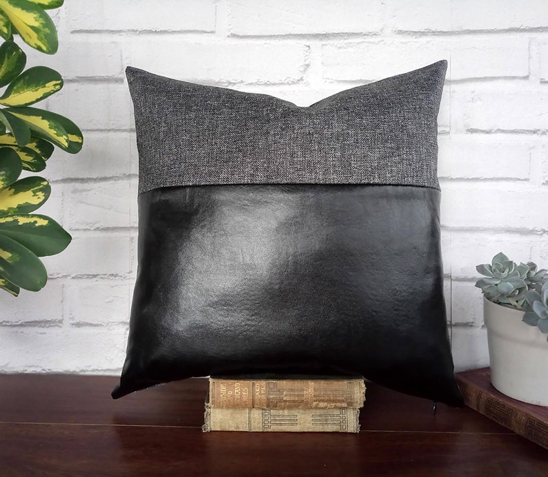 Black faux leather and gray-black color fabric pillow cover/faux leather pillow cover/Housewarming Gift/Colorful Homes/Modern Houses-1pcs image 1