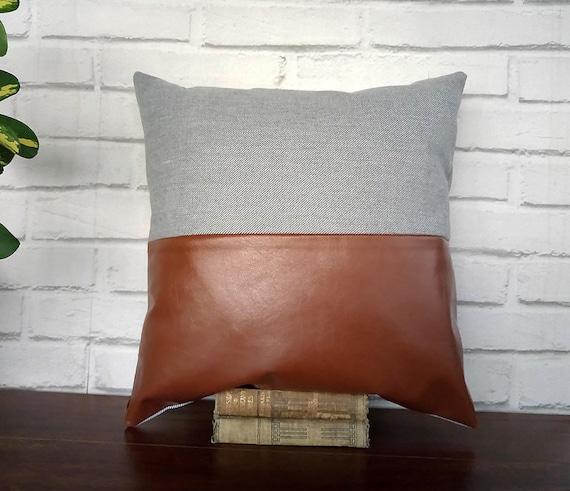 Half Cognac Brown Faux Leather 6colors half Gentle Gray Cotton Pillow Cover lumbar Pillow Cover housewarming Gift colorful Homes 1pcs Etsy