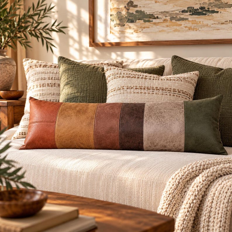 May include: A long rectangular lumbar pillow featuring six vertical panels in varying shades of orange, brown, tan, and dark green with a textured, leather-like finish. The pillow is positioned on a light-colored sofa with other pillows.