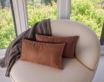 Faux Leather Pillow Cover - Milky & Dark Brown Decorative Stitch