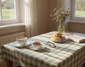 Light Green Plaid Cotton Tablecloth - Woven Rustic Farmhouse Style