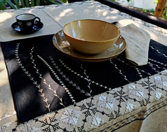 Black linen fabric with white embroidered  placemat -double layer  placemats  - Embroidered table decor