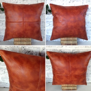 Rustic new terracotta brown color piecewise square soft faux leather fabric lumbar pillow cover with decorative stitches-1QTY image 9