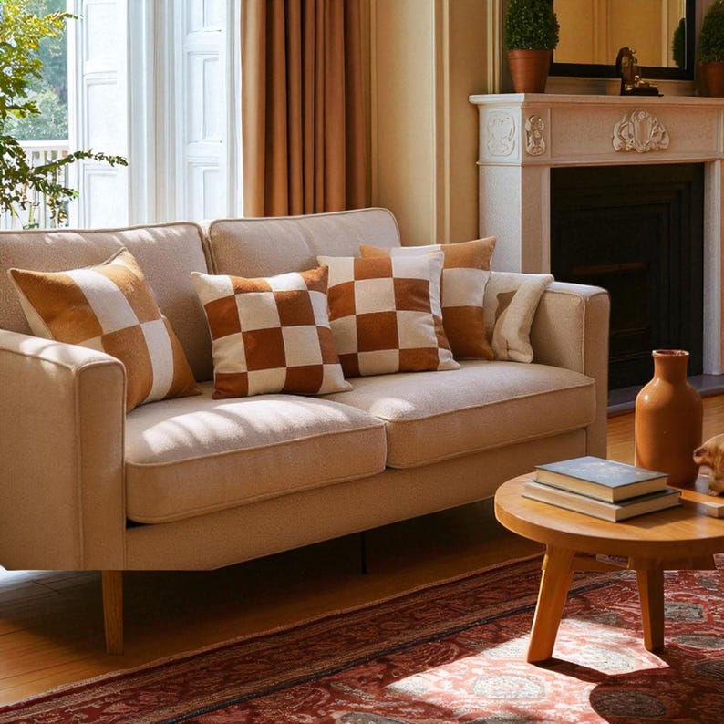 Checker Pillow Cover: Linen & Vegan Leather, Mid-Century Modern image 1
