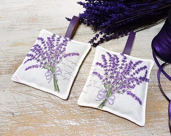 Cotton Lavender Sachets- Toile Fabric, Purple Hanger, Set of 2pc