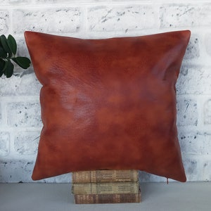 Rustic new terracotta brown color piecewise square soft faux leather fabric lumbar pillow cover with decorative stitches-1QTY image 10