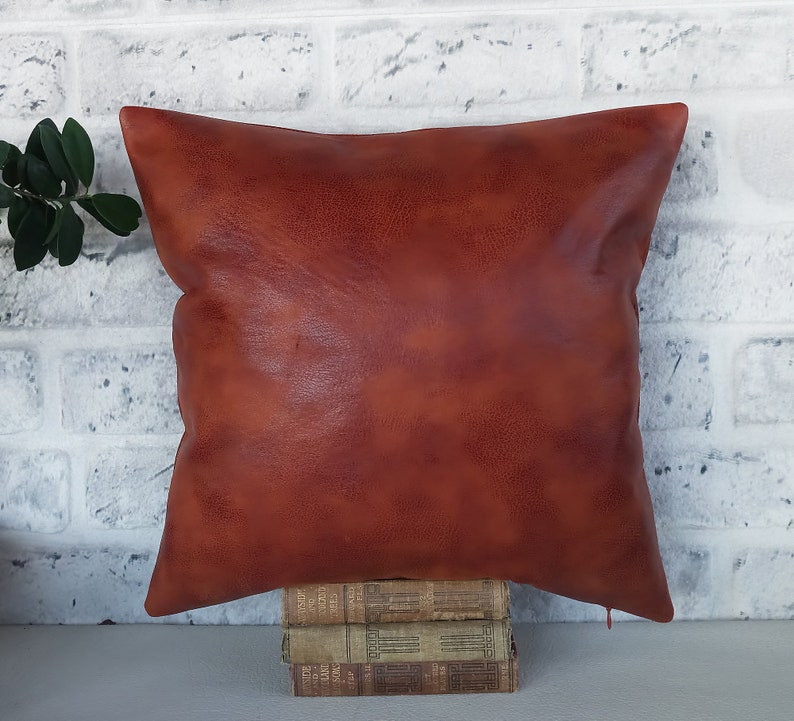 Rustic new terracotta brown color piecewise square soft faux leather fabric lumbar pillow cover with decorative stitches-1QTY image 10