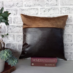 Dark Brown Faux Leather & Velvet Pillow Cover – Soft Touch Throw Pillow – Modern Home Decor – Vegan Leather Cushion – 1 PCS