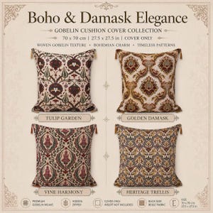 May include: Four decorative cushion covers with intricate patterns are displayed. The covers, measuring 27.5 x 27.5 inches, feature designs named Tulip Garden, Golden Damask, Vine Harmony, and Heritage Trellis. Each cover has a woven gobelin texture and tassel accents.