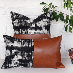 Half vertical thick cognac faux leather-half black white abstract pattern pillow cover/lumbar pillow cover/Housewarming Gift-1qty