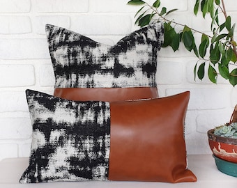 Half vertical thick cognac faux leather-half black white abstract pattern pillow cover/lumbar pillow cover/Housewarming Gift-1qty