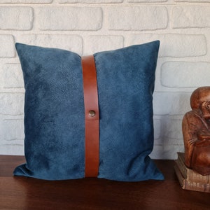 Baby face soft blue velvet fabric pillow cover with cognac brown faux leather straps/faux leather pillow/Housewarming Gift-1qty image 2