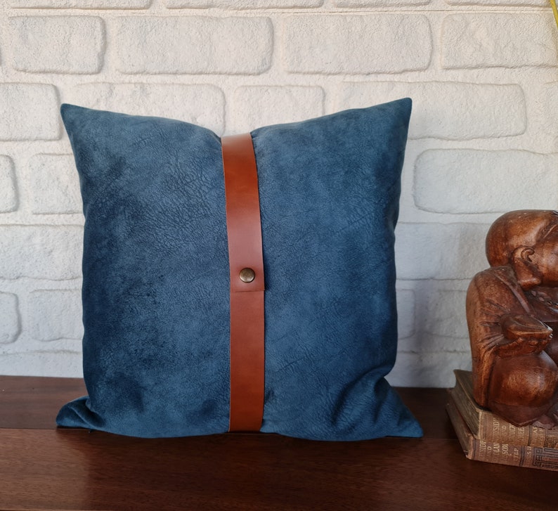 Baby face soft blue velvet fabric pillow cover with cognac brown faux leather straps/faux leather pillow/Housewarming Gift-1qty image 2