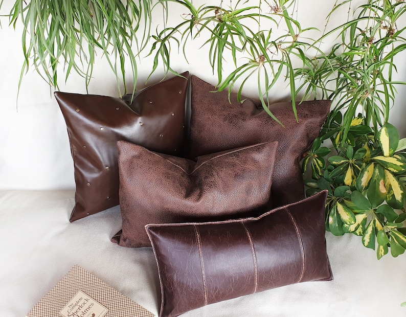 Zen dark brown old look pattern faux leather pillow cover/4 Etsy