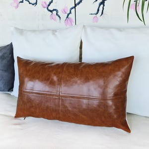 Santana cognac color piecewise square leather look fabric pillow cover/Lumbar pillow cover- decorative stitches/scandinavian homes-1QTY