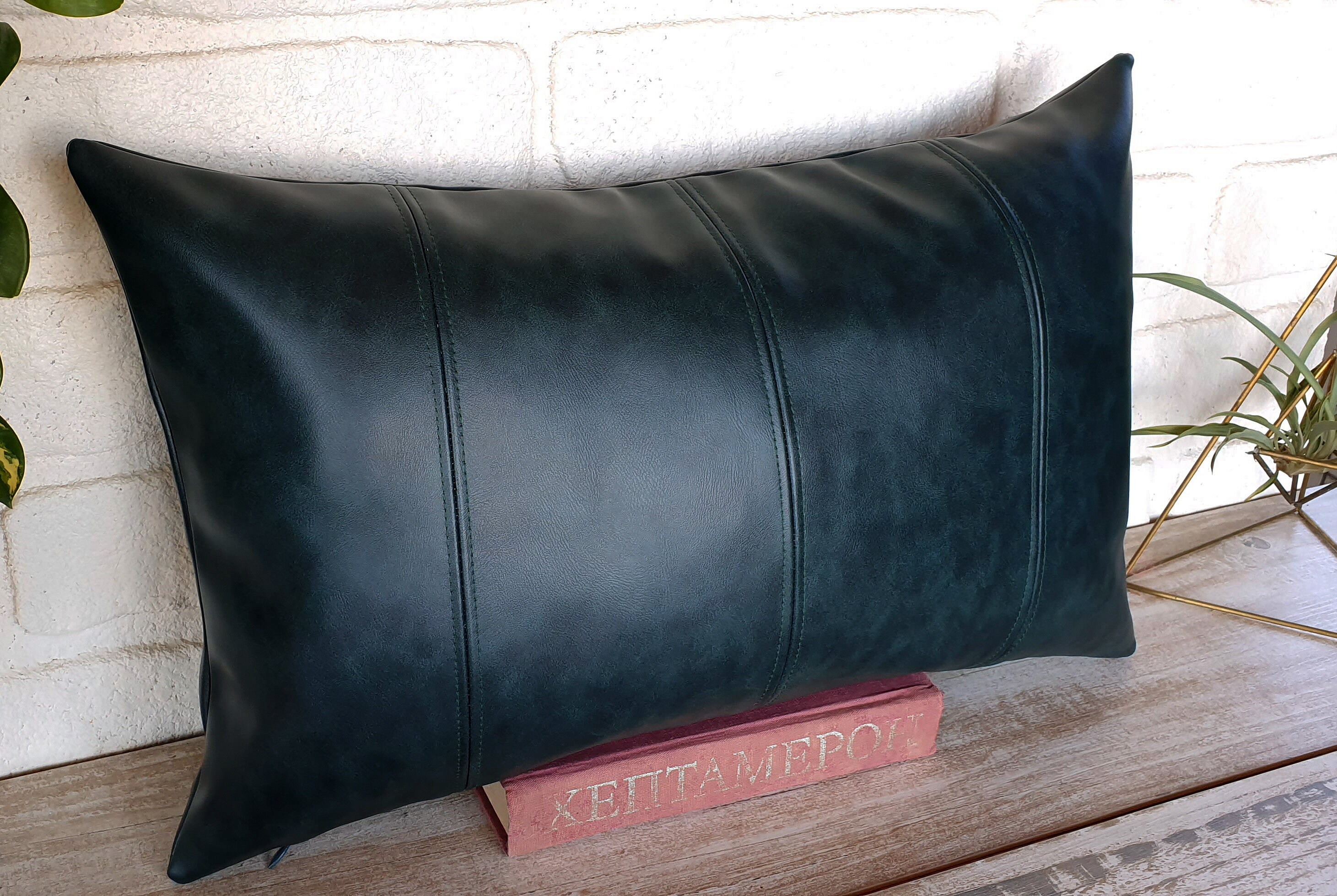 Teal Vegan Leather Lumbar Pillow Cover: Decorative Stitch Accent