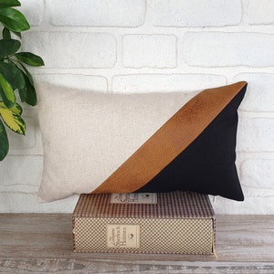 Camel strip, beige linen fabric and black fabric lumbar pillow cover/Color block pillow/modern scandinavian  homes-1qty