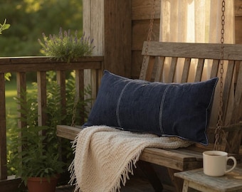 Indigo Blue Denim Lumbar Pillow Cover: Decorative Stitch Cotton, 12x24 inch