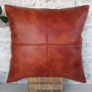 Rustic new terracotta brown color piecewise square soft faux leather fabric lumbar pillow cover with decorative stitches-1QTY image 1