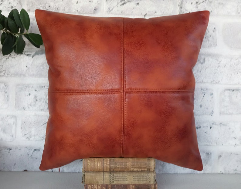 Rustic new terracotta brown color piecewise square soft faux leather fabric lumbar pillow cover with decorative stitches-1QTY image 1