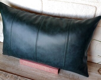 Teal Vegan Leather Lumbar Pillow Cover: Decorative Stitch Accent