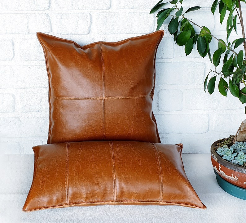 Dark Brown Cognac Orient M Faux Leather Lumbar Pillow with Etsy