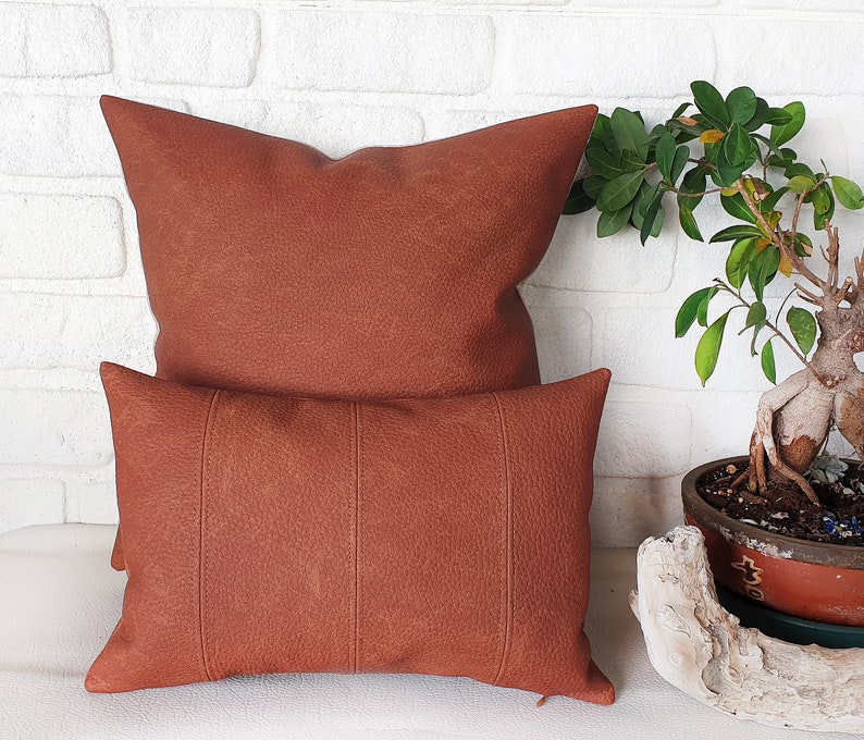 Terracotta Brown Faux Leather Fabric Lumbar Pillow Cover With Etsy