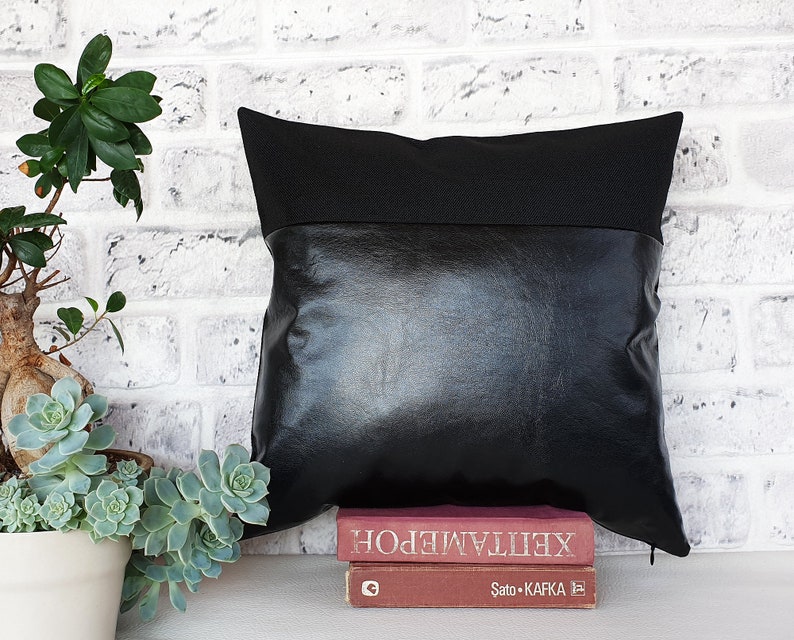 Black Charcoal Faux Leather and Black Polylinen Fabric Pillow Etsy