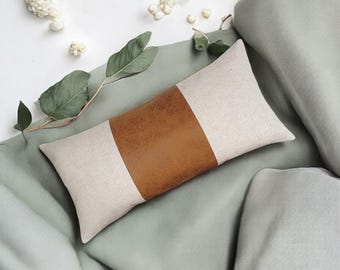 Color Block Linen Lumbar Pillow Cover: Camel Faux Leather, Modern Scandinavian