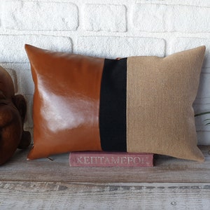 Orient chestnut brown , burlap fabric and black strip color block design lumbar pillow cover/Housewarming gift/modern home decor-1qty